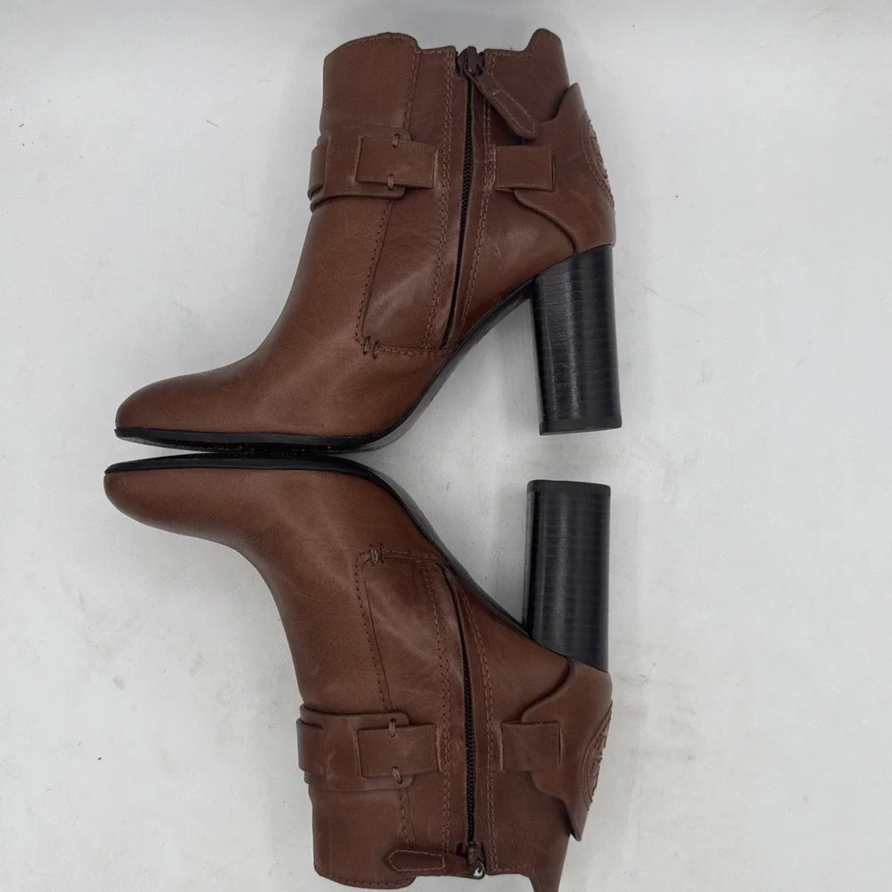Tory Burch Colton Leather Ankle Boots Brown Heeled Booties Harness Strap Size 6